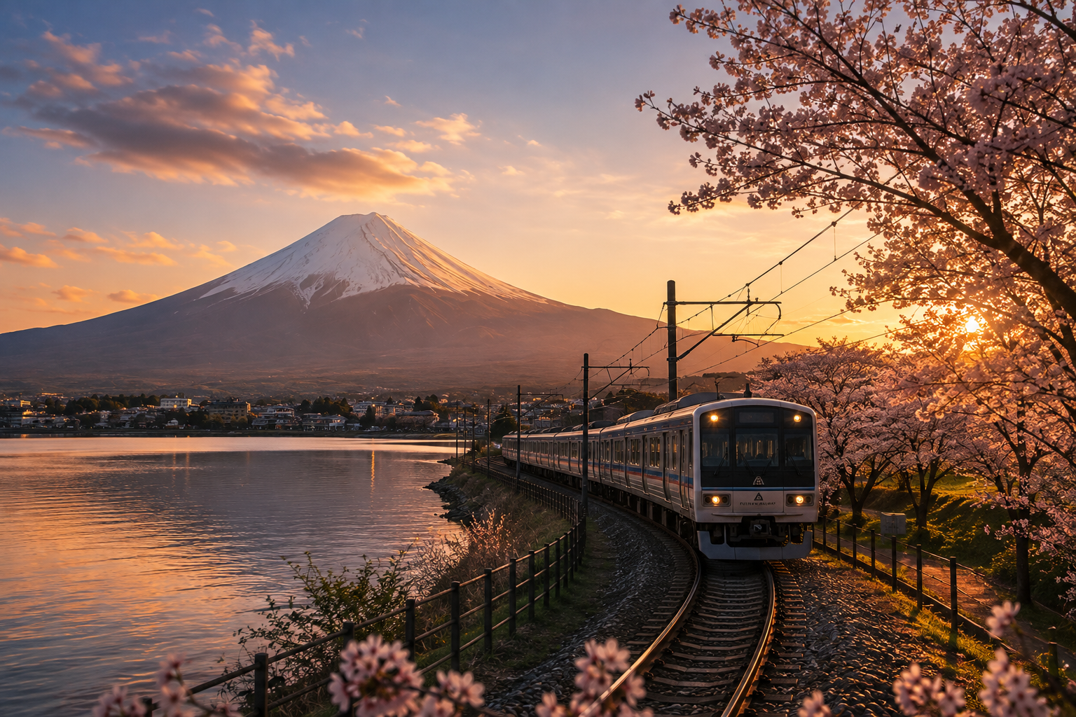 Monte Fuji, cerezos en flor y un tren al atardecer