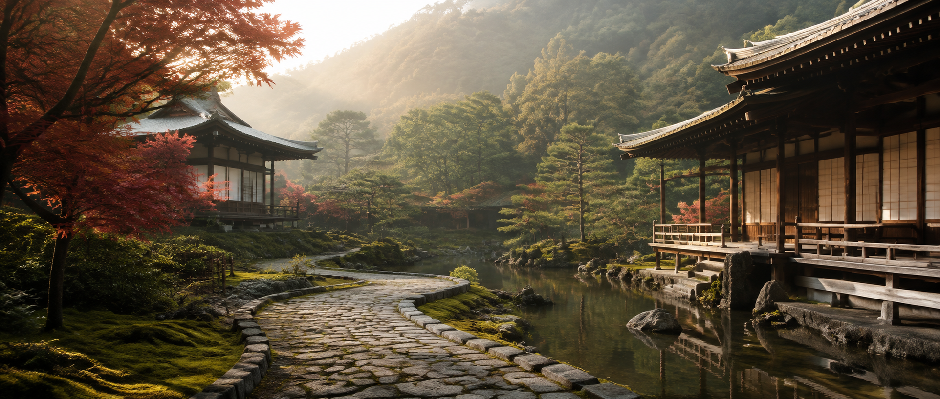 Jardín tradicional japonés con templos y estanque