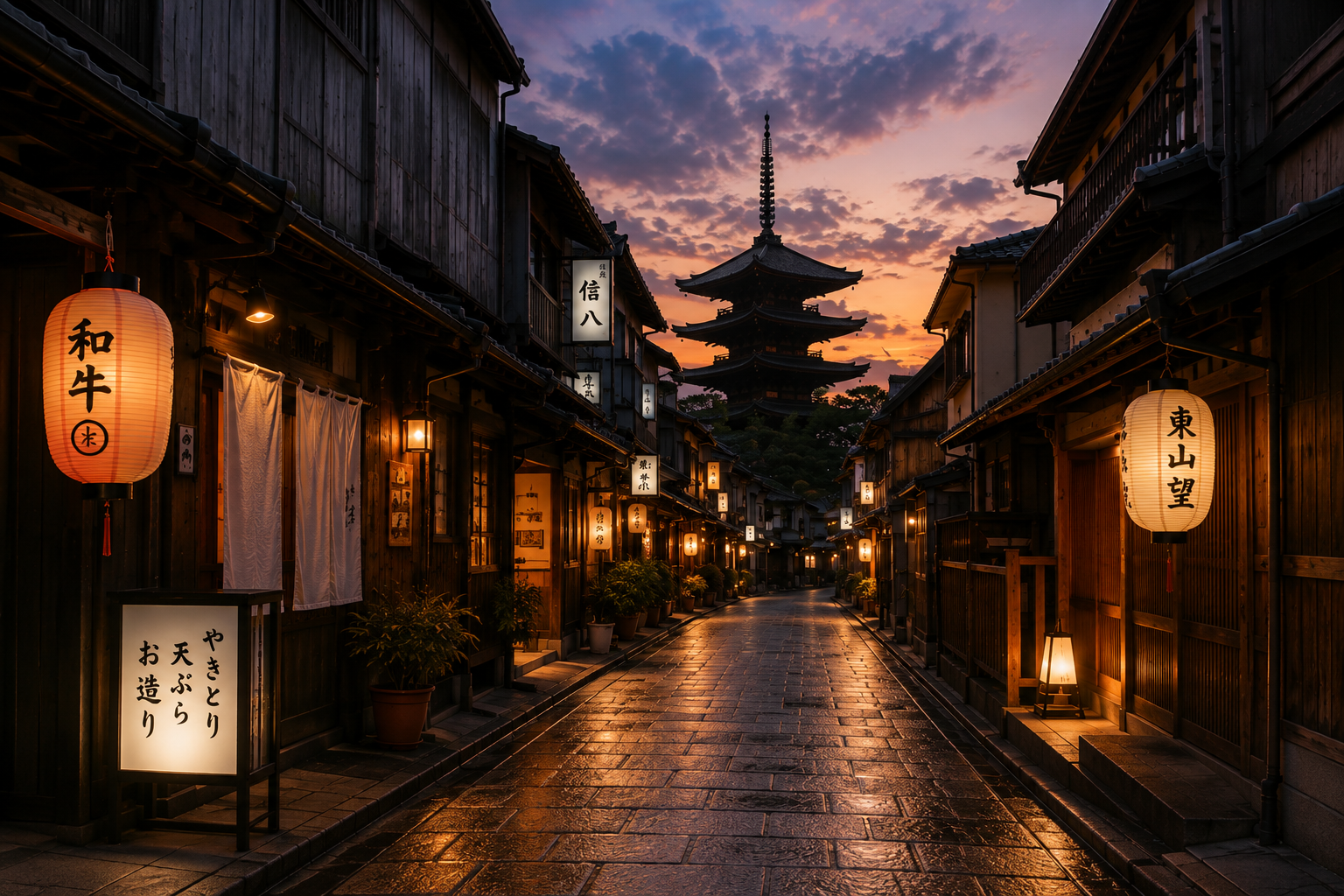 Calle tradicional de Kioto al atardecer