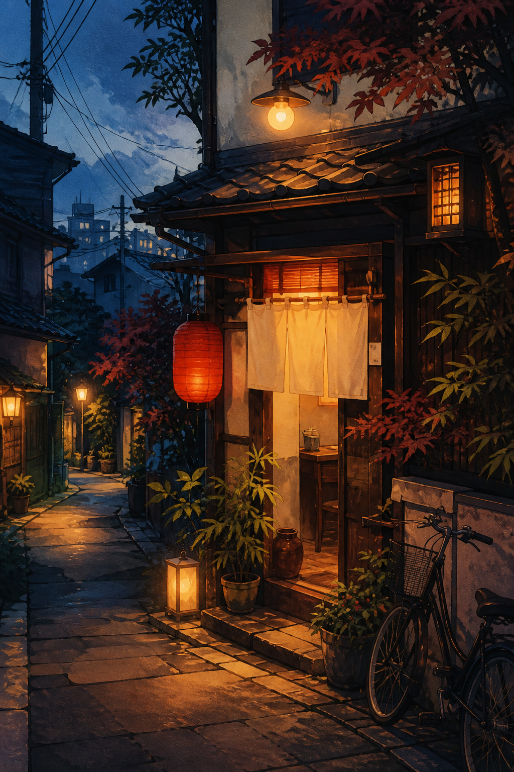 Calle japonesa iluminada al anochecer